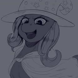 Size: 4000x4000 | Tagged: safe, artist:aerospine, trixie, pony, unicorn, g4, bust, cape, clothes, female, grayscale, hat, looking at you, mare, monochrome, open mouth, open smile, simple background, smiling, solo, trixie's cape, trixie's hat