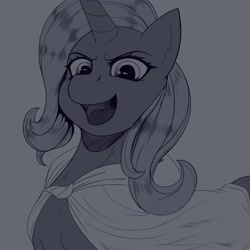 Size: 4000x4000 | Tagged: safe, alternate version, artist:aerospine, trixie, pony, unicorn, g4, bust, cape, clothes, female, grayscale, looking at you, mare, monochrome, open mouth, open smile, smiling, solo, trixie's cape