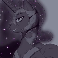 Size: 4000x4000 | Tagged: safe, artist:aerospine, nightmare moon, alicorn, pony, g4, bust, female, grayscale, helmet, looking at you, mare, monochrome, peytral, profile, simple background, smiling, solo
