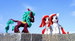 Size: 2048x1131 | Tagged: safe, photographer:pakapaka1993, cinder glow, summer flare, oc, oc:poniko, kirin, pony, g4, irl, japan, photo, plushie, self paradox, self ponidox, trio