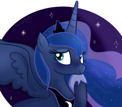 Size: 800x700 | Tagged: safe, artist:bluenightkitty, princess luna, alicorn, pony, g4, bust, female, hoof on chin, hoof shoes, horn, looking away, mare, night, partial background, signature, simple background, smiling, solo, spread wings, white background, wings