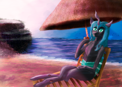 Size: 2480x1772 | Tagged: safe, artist:xelksor, queen chrysalis, changeling, changeling queen, g4, alcohol, beach, cocktail, drink, female, looking at you, lying, magnetic hooves, newbie artist training grounds, ocean, smiling, solo, umbrella, water