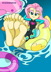 Size: 827x1169 | Tagged: safe, artist:art-2u, fluttershy, equestria girls, g4, i'm on a yacht, spoiler:eqg series (season 2), barefoot, bedroom eyes, breasts, busty fluttershy, eyeshadow, feet, female, fetish, floating, floaty, flutterfeet, fluttershy's wetsuit, foot fetish, foot focus, inflatable, inflatable toy, looking at you, makeup, pool toy, sexy, smiling, smiling at you, soles, solo, swimming pool, toes, water, wetsuit