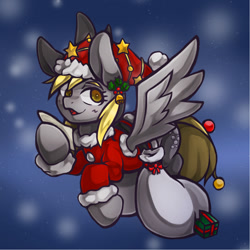 Size: 1191x1191 | Tagged: safe, artist:kyouman1010, derpy hooves, pegasus, pony, g4, bag, christmas, christmas lights, christmas outfit, christmas presents, clothes, female, flying, hat, holiday, mare, paper, present, solo, stars