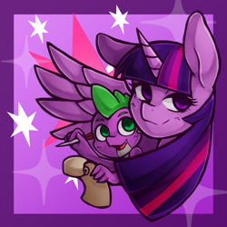 Size: 1190x1190 | Tagged: safe, artist:kyouman1010, spike, twilight sparkle, alicorn, dragon, pony, bust, cutie mark, cutie mark background, duo, female, looking at you, male, mare, parchment, quill, twilight sparkle (alicorn), twilight sparkle's cutie mark