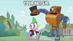 Size: 800x450 | Tagged: safe, edit, edited screencap, screencap, spike, dragon, robot, feeling pinkie keen, g4, baby, baby dragon, cane, caption, clothes, disney, donald duck, hat, image macro, male, solo, surprised, text, top hat, tuxedo