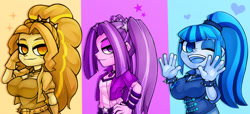 Size: 1636x744 | Tagged: safe, artist:kyouman1010, adagio dazzle, aria blaze, sonata dusk, equestria girls, g4, aria flat, breasts, busty adagio dazzle, busty sonata dusk, clothes, delicious flat chest, emanata, female, hand on hip, heart, looking at you, one eye closed, simple background, smiling, smiling at you, sparkles, stars, the dazzlings, trio, wink, winking at you
