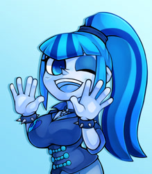 Size: 1041x1190 | Tagged: safe, artist:kyouman1010, sonata dusk, equestria girls, g4, bust, clothes, female, gradient background, looking at you, one eye closed, open mouth, open smile, smiling, solo, wink, winking at you