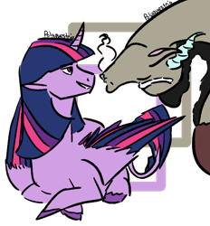 Size: 910x981 | Tagged: safe, artist:polyquestria, discord, twilight sparkle, alicorn, pony, g4, female, grin, horn, imminent kissing, male, pun, ship:discolight, shipping, signature, simple background, smiling, straight, transparent background, twilight sparkle (alicorn), upside down, visual pun