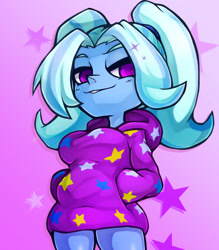 Size: 1041x1190 | Tagged: safe, artist:kyouman1010, trixie, equestria girls, g4, alternate hairstyle, babysitter trixie, bust, clothes, female, gradient background, hand in pocket, hoodie, looking at you, looking down, looking down at you, solo, sparkles, starry background, stars