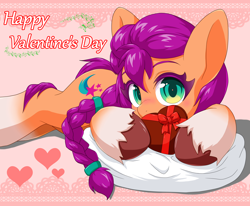 Size: 2000x1650 | Tagged: safe, artist:ragurimo, sunny starscout, earth pony, pony, g5, my little pony: a new generation, coat markings, cute, heart, holiday, looking at you, postcard, present, socks (coat markings), solo, sunnybetes, text, valentine's day