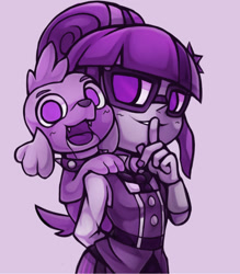 Size: 1042x1191 | Tagged: safe, artist:kyouman1010, sci-twi, spike, spike the regular dog, twilight sparkle, dog, equestria girls, g4, clothes, duo, female, glasses, hand on mouth, looking at you, male, open mouth, purple background, shhh, simple background
