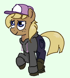 Size: 363x406 | Tagged: safe, artist:anonymous, oc, oc only, oc:hay bale, earth pony, pony, clothes, female, freckles, green background, hat, hoodie, mare, pants, raised hoof, raised leg, shoes, simple background, smiling, solo