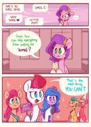 Size: 1800x2500 | Tagged: safe, artist:scribble-potato, hitch trailblazer, izzy moonbow, pipp petals, sprout cloverleaf, sunny starscout, zipp storm, earth pony, pegasus, pony, unicorn, g5, my little pony: a new generation, ..., comic, dunce hat, februpony, female, floppy ears, grammar error, hat, headband, invincible, male, mane five, mare, pipp is short, pipp is smol, siblings, sisters, smol, sprout joins the mane five, stallion, zippbitch