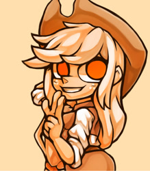 Size: 1042x1191 | Tagged: safe, artist:kyouman1010, applejack, equestria girls, g4, applejack's hat, bust, clothes, cowboy hat, female, hat, looking at you, orange background, peace sign, simple background, smiling, smiling at you, solo