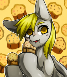 Size: 1157x1323 | Tagged: safe, artist:kyouman1010, derpy hooves, pegasus, pony, g4, bust, eating, female, food, mare, muffin, muffin background, solo