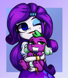 Size: 1042x1191 | Tagged: safe, artist:kyouman1010, rarity, spike, dog, equestria girls, g4, bust, clothes, duo, female, gradient background, holding a dog, looking at you, male, one eye closed, partial background, smug, spike the dog, wink, winking at you