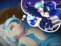 Size: 2982x2267 | Tagged: safe, artist:vinilyart, coco pommel, princess luna, alicorn, pony, g4, bed, bedroom, cloud, crescent moon, crown, dream, eyes closed, high res, hoof shoes, jewelry, moon, onomatopoeia, open mouth, ponies riding ponies, regalia, riding, riding a pony, sleeping, sound effects, zzz