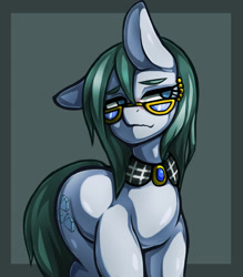Size: 1157x1323 | Tagged: safe, artist:kyouman1010, cloudy quartz, earth pony, pony, g4, alternate hairstyle, female, glasses, gray background, loose hair, mare, partial background, simple background, solo