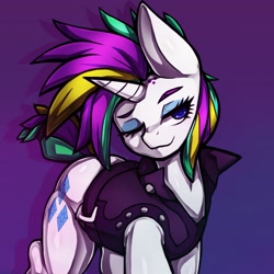 Size: 1323x1323 | Tagged: safe, artist:kyouman1010, rarity, pony, unicorn, g4, alternate hairstyle, clothes, female, gradient background, looking at you, mare, one eye closed, punk, raripunk, solo, wink, winking at you