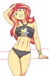 Size: 1806x2757 | Tagged: safe, artist:sumin6301, sunset shimmer, equestria girls, g4, armpits, bare shoulders, bikini, breasts, busty sunset shimmer, clothes, curvy, eyebrows, eyebrows visible through hair, female, grin, high res, hourglass figure, jewelry, legs, looking at you, sexy, simple background, sleeveless, smiling, smiling at you, solo, stupid sexy sunset shimmer, sunset shimmer's beach shorts swimsuit, swimsuit, white background