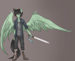 Size: 2700x2200 | Tagged: safe, artist:tokyone-chan, oc, oc only, pegasus, anthro, plantigrade anthro, clothes, gradient background, high res, male, pegasus oc, solo, sword, weapon