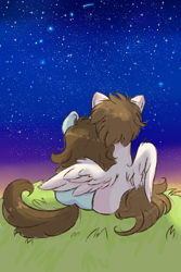 Size: 1200x1800 | Tagged: safe, artist:tokyone-chan, oc, oc only, earth pony, pegasus, pony, unicorn, duo, female, grass, horn, hug, male, night, oc x oc, pegasus oc, shipping, stargazing, unicorn oc, winghug, wings