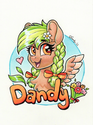 Size: 1626x2192 | Tagged: safe, artist:dandy, oc, oc:sylvia evergreen, pegasus, pony, :3, badge, bouquet, braided pigtails, bust, chest fluff, con badge, copic, ear fluff, female, flower, flower in hair, freckles, hair tie, heart, heart eyes, looking at you, open mouth, pegasus oc, portrait, solo, text, traditional art, wingding eyes, wings