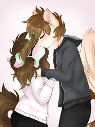 Size: 2021x2695 | Tagged: safe, artist:tokyone-chan, oc, oc only, pegasus, unicorn, anthro, blushing, clothes, duo, eyes closed, female, high res, horn, kissing, male, oc x oc, pegasus oc, shipping, straight, unicorn oc