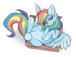 Size: 3040x2304 | Tagged: safe, artist:rico_chan, rainbow dash, pegasus, pony, g4, box, female, frog (hoof), high res, no pupils, pale belly, pony in a box, simple background, sketch, solo, underhoof, white background