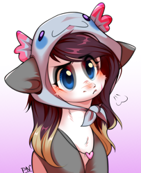 Size: 1929x2378 | Tagged: safe, artist:pledus, oc, oc only, axolotl, pony, blushing, clothes, female, gradient background, hat, solo