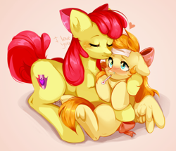 Size: 1920x1653 | Tagged: safe, artist:pledus, apple bloom, oc, oc:deliambre, earth pony, pegasus, pony, g4, backwards thermometer, blushing, duo, female, filly, foal, heart, mother and child, mother and daughter, offspring, older, older apple bloom, parent:apple bloom, sick, thermometer