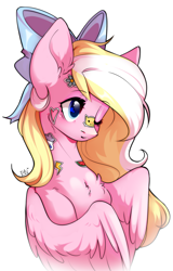 Size: 1905x2972 | Tagged: safe, artist:pledus, oc, oc only, oc:bay breeze, pegasus, pony, blue eyes, bow, chest fluff, colored, concave belly, cute, ear fluff, eyebrows, eyebrows visible through hair, female, hair bow, long mane, looking forward, mare, neck fluff, ocbetes, one eye closed, partially open wings, pegasus oc, shading, simple background, slender, smiling, solo, sternocleidomastoid, sticker, thin, white background, wings