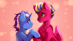 Size: 2387x1352 | Tagged: safe, artist:pledus, oc, oc only, pegasus, pony, unicorn, blushing, duo, eye contact, female, horn, looking at each other, looking at someone, male, oc x oc, pegasus oc, shipping, straight, unicorn oc
