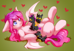 Size: 2722x1876 | Tagged: safe, artist:pledus, oc, oc only, oc:candy bat, oc:untitled toy, bat pony, changeling, nymph, pony, bat pony oc, changeling oc, commission, cute, female, heart, lying down, on back, ych result, yellow changeling