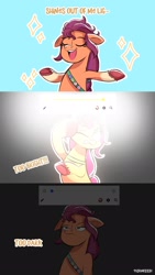 Size: 1151x2048 | Tagged: safe, artist:puyohh, sunny starscout, earth pony, pony, g5, my little pony: a new generation, bag, breaking the fourth wall, bright, comic, dark, eyes closed, female, floppy ears, gonna be my day, mare, markings, singing, sunny starscout is not amused, unamused, unshorn fetlocks, user interface
