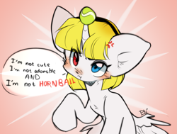 Size: 2107x1593 | Tagged: safe, artist:pledus, oc, oc only, alicorn, pony, alicorn oc, ball, blushing, commission, cross-popping veins, female, heterochromia, horn, hornball, i'm not cute, scrunchy face, solo, tennis ball, wings, ych result