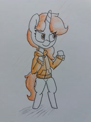 Size: 3096x4128 | Tagged: safe, artist:cherro, oc, oc only, oc:kitty kit, unicorn, semi-anthro, arm hooves, bipedal, clothes, female, hoodie, solo, traditional art