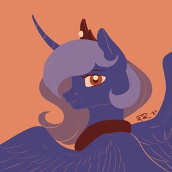 Size: 2000x2000 | Tagged: source needed, safe, artist:rdz, princess luna, alicorn, pony, g4, bust, female, high res, looking at you, orange background, portrait, s1 luna, simple background, solo