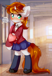 Size: 2017x2953 | Tagged: safe, artist:pledus, oc, oc only, oc:faerie ember, unicorn, semi-anthro, arm hooves, blushing, clothes, commission, female, high res, hoof hold, horn, mare, school unicorn, schoolgirl, skirt, solo, speech bubble, unicorn oc, ych result