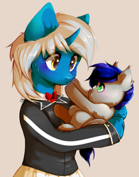 Size: 1750x2231 | Tagged: safe, artist:pledus, oc, oc only, oc:bright drive, bat pony, pony, unicorn, bipedal, clothes, commission, cute, daaaaaaaaaaaw, duo, female, foal, holding a pony, male, schoolgirl, simple background, ych result