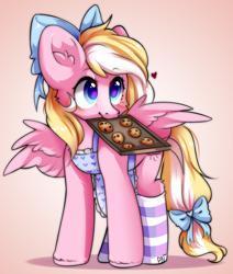 Size: 1602x1887 | Tagged: safe, artist:pledus, oc, oc only, oc:bay breeze, pegasus, pony, apron, blushing, bow, clothes, cookie, cute, female, food, hair bow, looking up, mare, mouth hold, ocbetes, simple background, socks, solo, striped socks, tail, tail bow