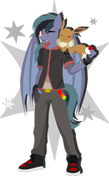 Size: 1329x2149 | Tagged: safe, artist:samsailz, oc, oc only, oc:scrimmy, bat pony, eevee, anthro, bat pony oc, bat wings, clothes, cute, ear fluff, fangs, looking at you, male, one eye closed, poké ball, pokémon, pokémon trainer, simple background, solo, stallion, transparent background, wings, wink