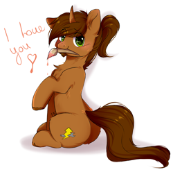 Size: 2221x2200 | Tagged: safe, artist:pledus, oc, oc only, oc:coppercore, pony, unicorn, blushing, butt, chest fluff, commission, eye clipping through hair, high res, hooves, horn, i love you, looking back, male, mouth hold, paintbrush, plot, raised hoof, simple background, sitting, solo, tail, unicorn oc, white background, ych result