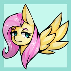 Size: 1543x1543 | Tagged: safe, artist:kyouman1010, fluttershy, pegasus, pony, g4, blue background, bust, female, mare, simple background, solo