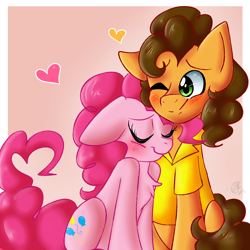 Size: 2000x2000 | Tagged: safe, artist:yoshiyoshi700, cheese sandwich, pinkie pie, earth pony, pony, g4, blushing, chest fluff, cute, diacheeses, diapinkes, eyes closed, februpony, female, heart, high res, male, mare, one eye closed, ship:cheesepie, shipping, stallion, straight