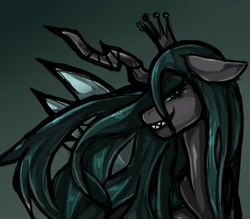 Size: 1543x1350 | Tagged: safe, artist:kyouman1010, queen chrysalis, changeling, changeling queen, g4, bust, crown, female, gradient background, grin, jewelry, looking at you, regalia, sharp teeth, side view, smiling, solo, teeth