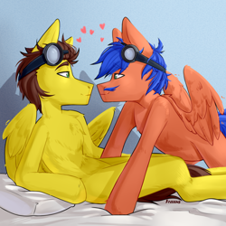 Size: 2000x2000 | Tagged: safe, artist:ilovefraxus, oc, oc only, oc:griffin, pegasus, pony, bed, bedsheets, chest fluff, duo, duo male, eye contact, eyebrows, eyebrows visible through hair, facial hair, floating heart, folded wings, gay, goggles, goggles on head, heart, high res, lidded eyes, looking at each other, looking at someone, male, moustache, oc x oc, on bed, pillow, shadow, shipping, signature, simple background, smiling, smirk, spread wings, stallion, wings