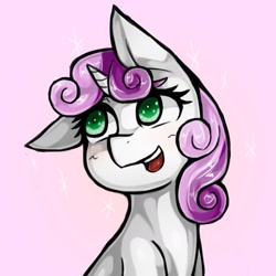 Size: 1543x1543 | Tagged: safe, artist:kyouman1010, sweetie belle, pony, unicorn, g4, bust, female, filly, foal, gradient background, looking at something, one ear down, open mouth, open smile, smiling, solo, sparkles, sparkly eyes, wingding eyes