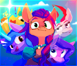 Size: 830x710 | Tagged: safe, artist:roksim, hitch trailblazer, izzy moonbow, pipp petals, sunny starscout, zipp storm, earth pony, pegasus, pony, unicorn, g5, my little pony: a new generation, :i, bag, exclamation point, female, lidded eyes, looking at you, male, mane five, mare, open mouth, open smile, sheriff's badge, smiling, stallion